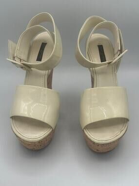 Louis Vuitton Cream Patent Leather Cork Platform Wedge Sandal 37.5 VGUC